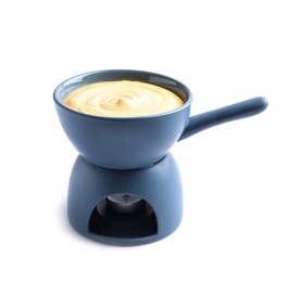 Photo of Pot with delicious cheese fondue on white background