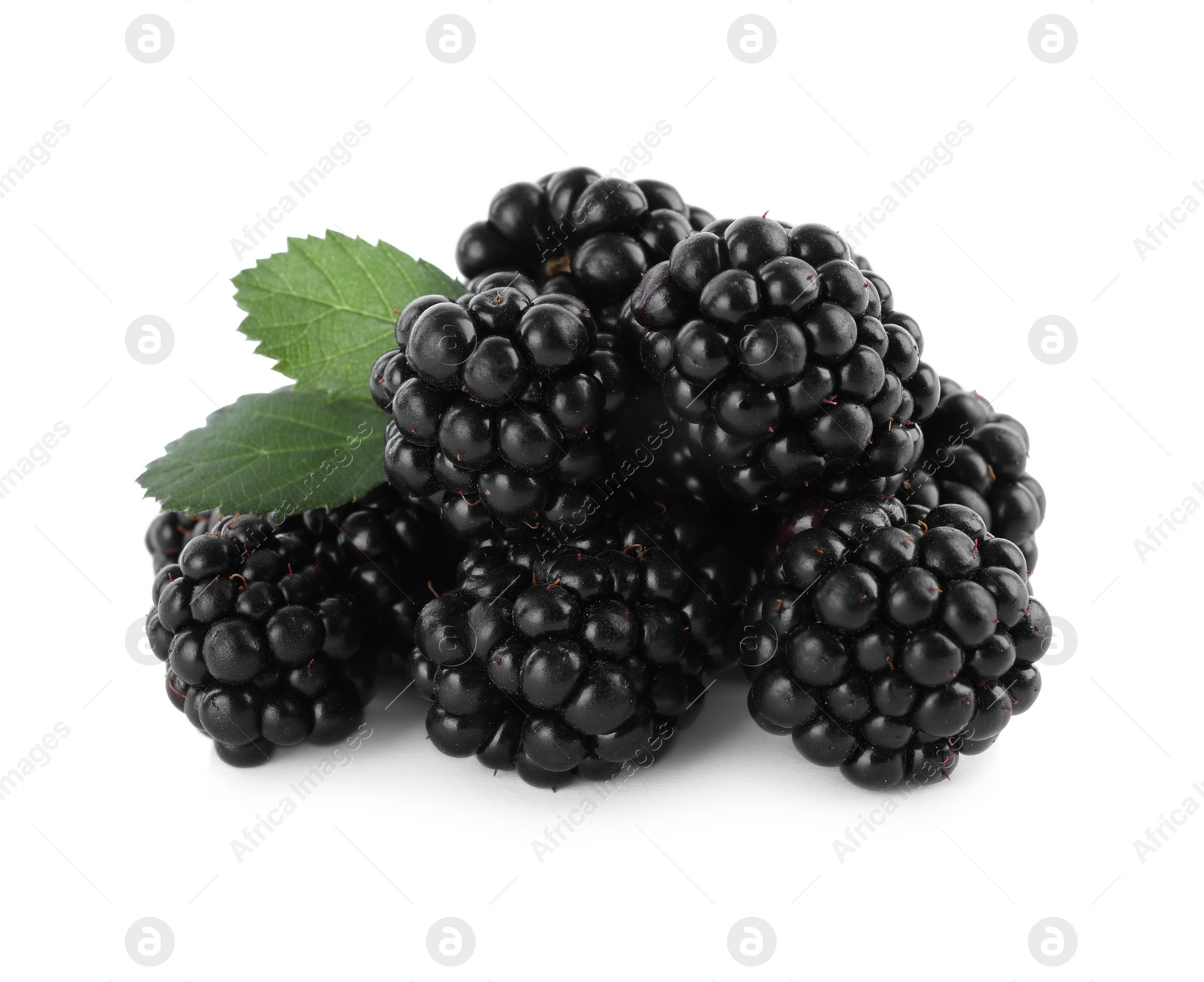 Photo of Tasty ripe blackberries and leaves on white background