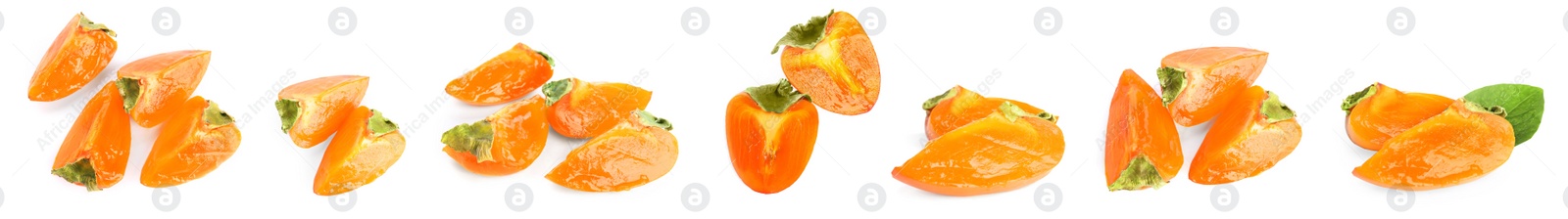 Image of Set with sweet ripe persimmons on white background. Banner design