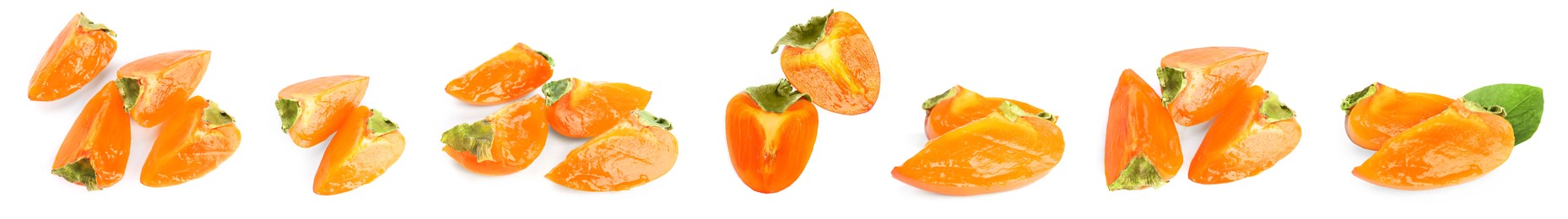 Image of Set with sweet ripe persimmons on white background. Banner design