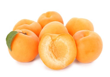 Photo of Delicious ripe sweet apricots isolated on white