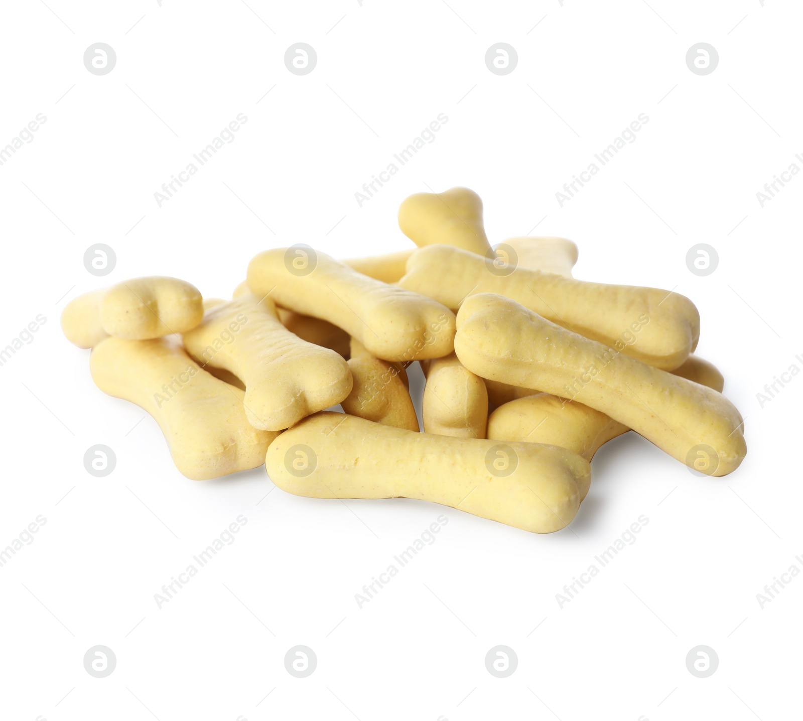 Photo of Bone shaped dog cookies on white background