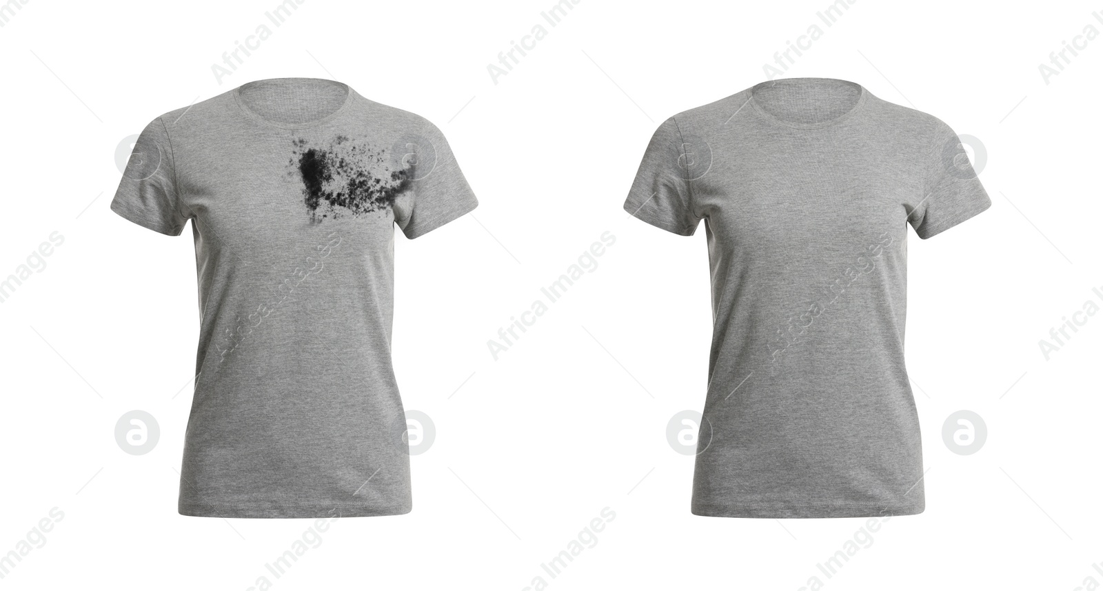 Image of Collage with dirty and clean t-shirt isolated on white. Before and after washing