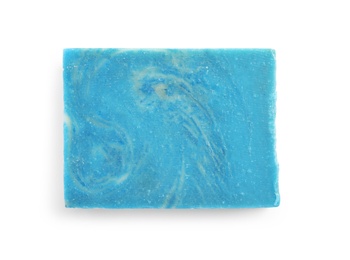 Hand made soap bar on white background, top view