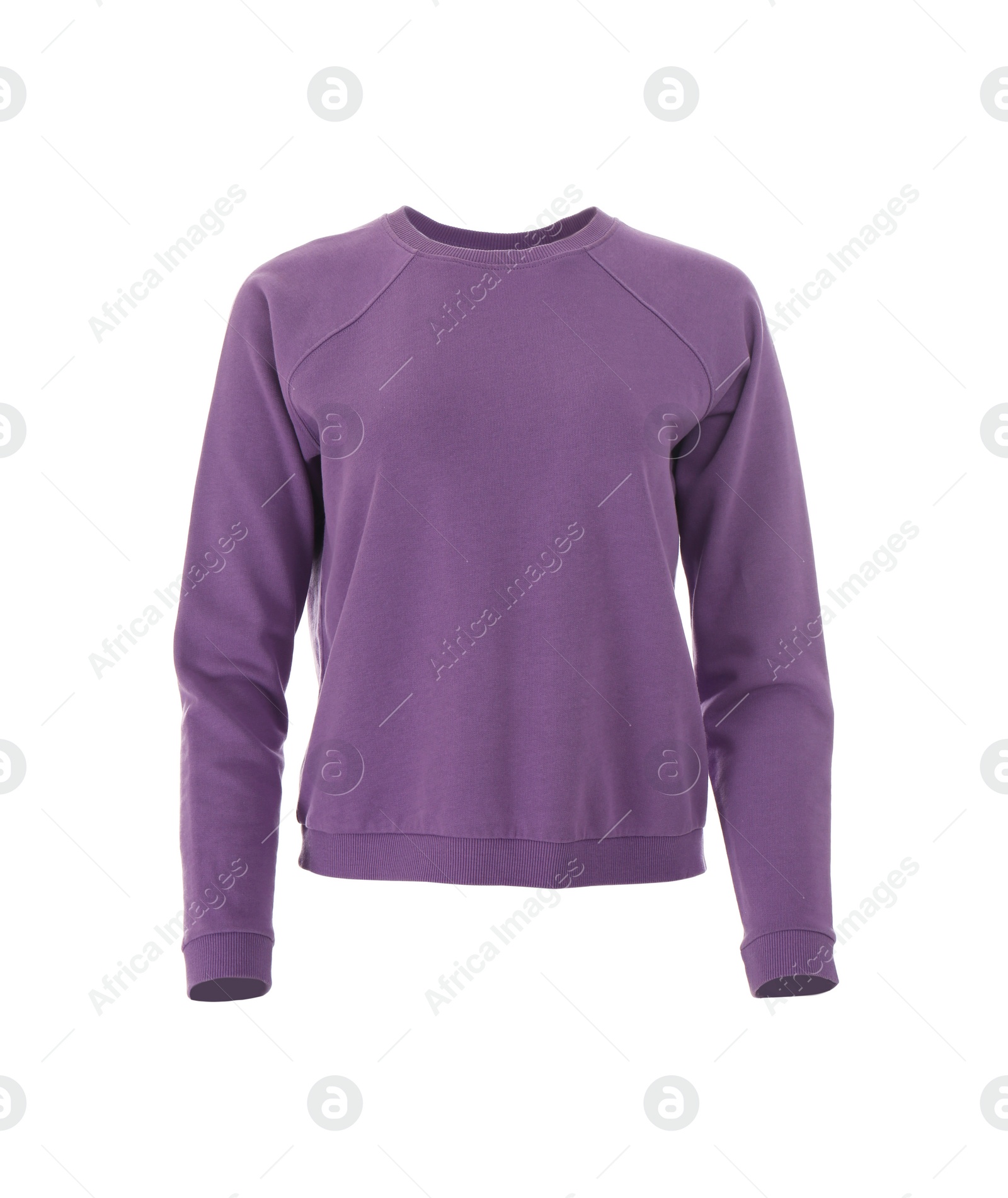 Photo of Purple sweatshirt on mannequin against white background. Stylish clothes