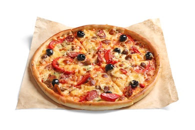 Photo of Delicious pizza with olives and sausages on white background