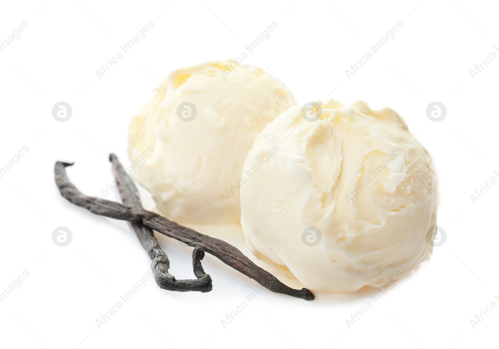 Photo of Balls of tasty vanilla ice cream and sticks on white background