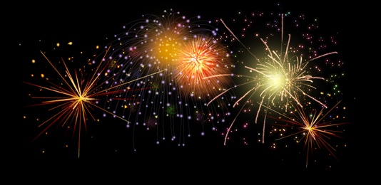 Image of Beautiful bright fireworks on black background. Illustration
