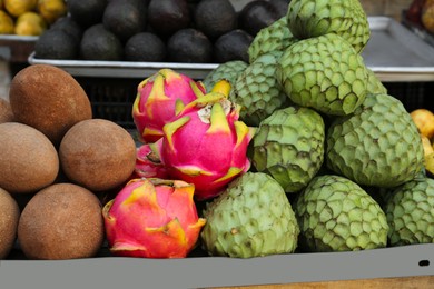 Photo of Cherimoya, sapodilla and dragon fruit on counter at market