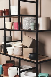 Photo of Shelving unit with many different houseplant pots near beige wall indoors