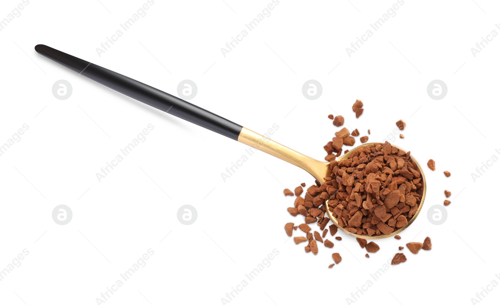 Photo of Spoon with aromatic instant coffee isolated on white, top view