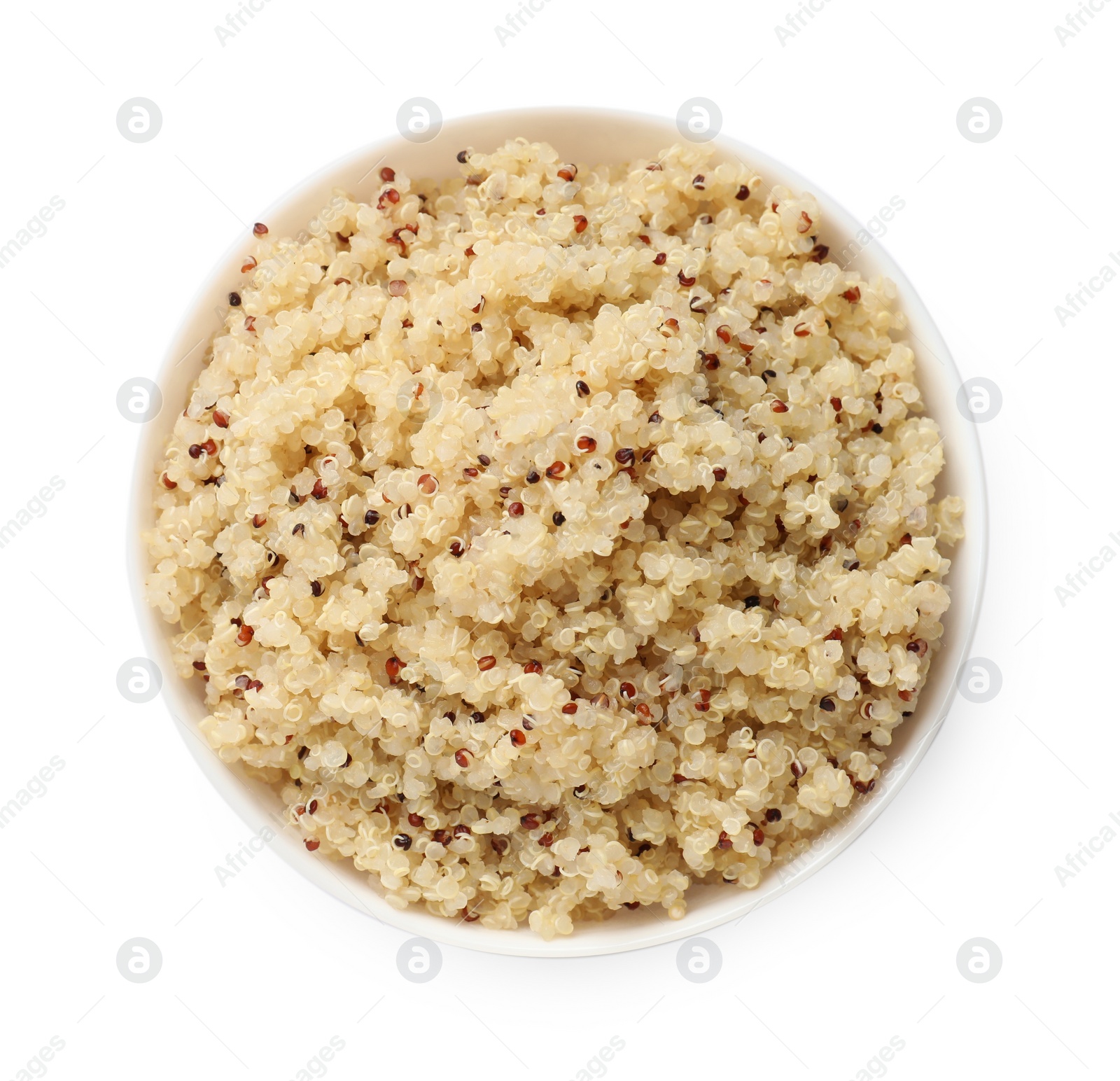 Photo of Tasty quinoa porridge in bowl isolated on white, top view