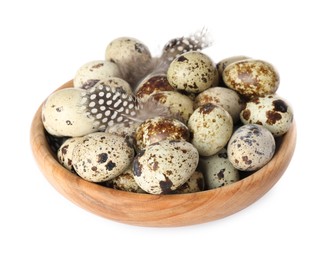 Photo of Bowl with speckled quail eggs and feathers isolated on white