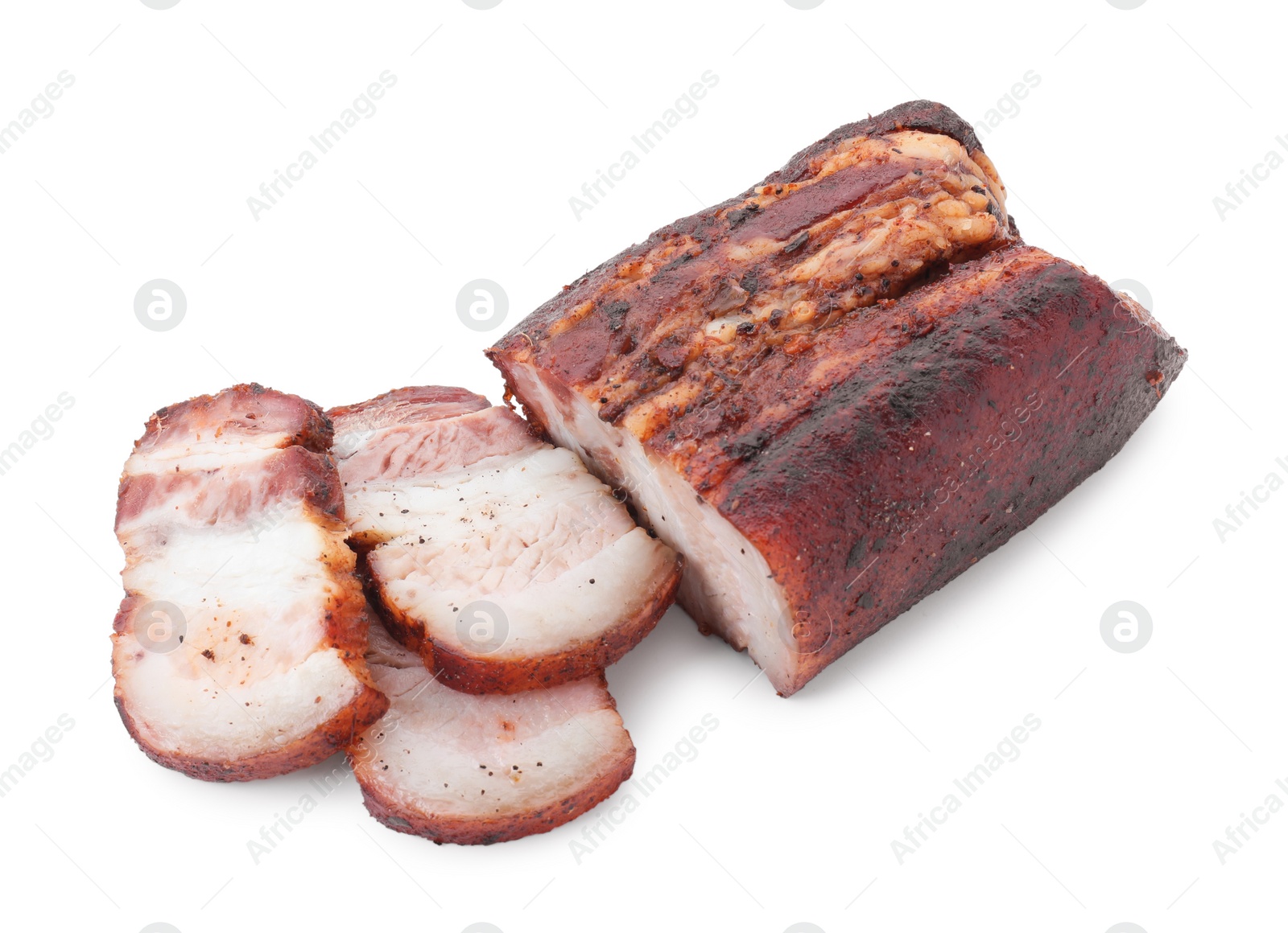 Photo of Pieces of tasty baked pork belly isolated on white