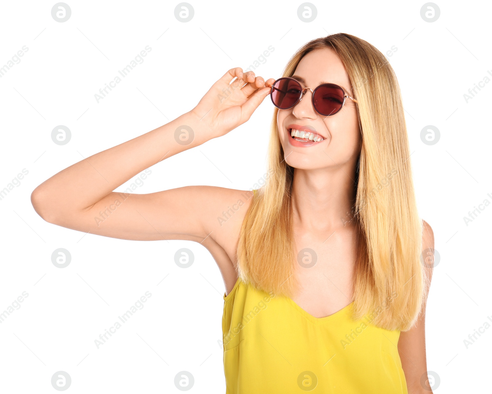 Photo of Beautiful woman in stylish sunglasses on white background