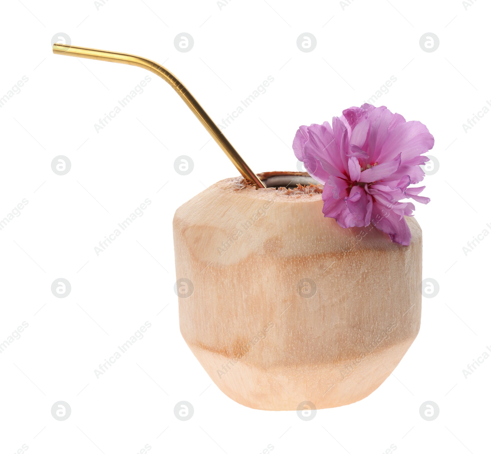 Photo of Young peeled coconut with straw and beautiful flower isolated on white