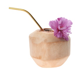 Photo of Young peeled coconut with straw and beautiful flower isolated on white