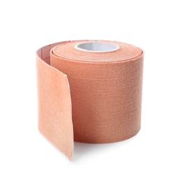 Photo of Medical sticking plaster roll on white background