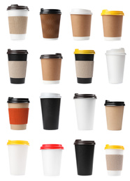 Image of Set of paper coffee cups on white background