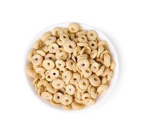 Photo of Tasty cereal rings in bowl isolated on white, top view