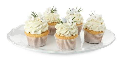 Photo of Tasty Easter cupcakes with vanilla cream isolated on white