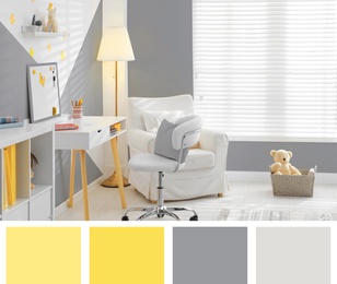 Color of the year 2021. Modern child room interior with stylish furniture