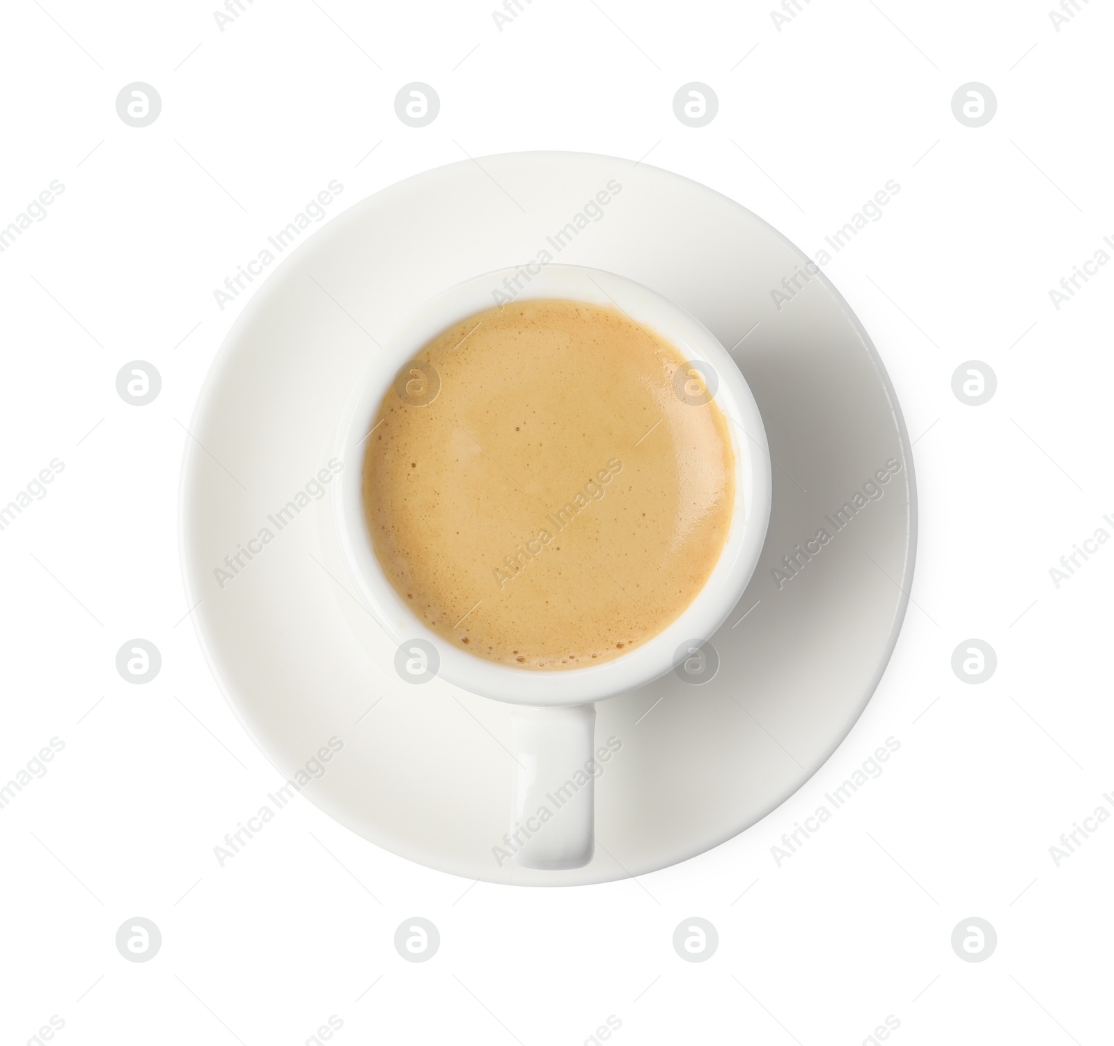 Photo of Aromatic coffee in cup isolated on white, top view