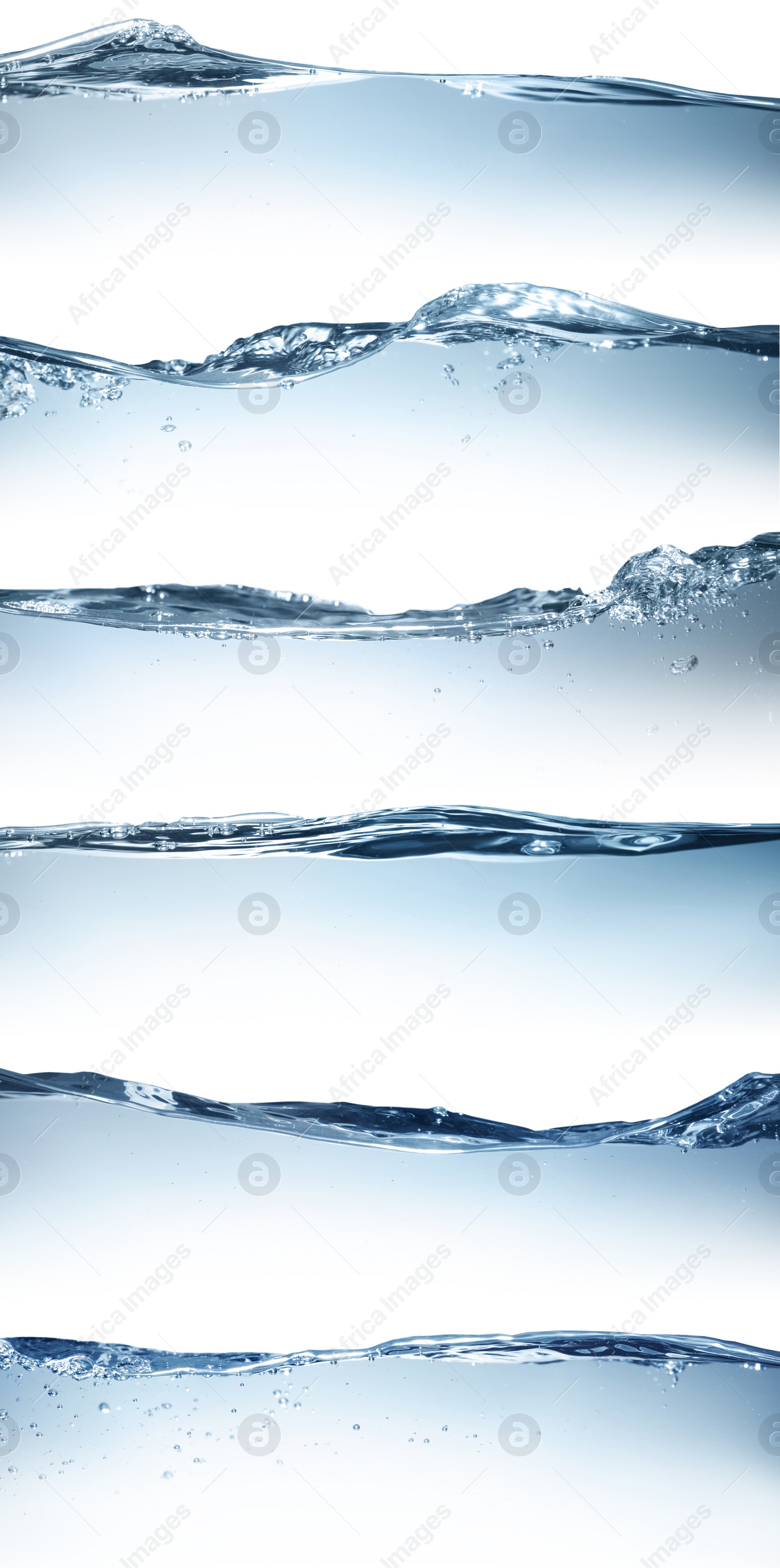 Image of Collage with different beautiful water waves on white background