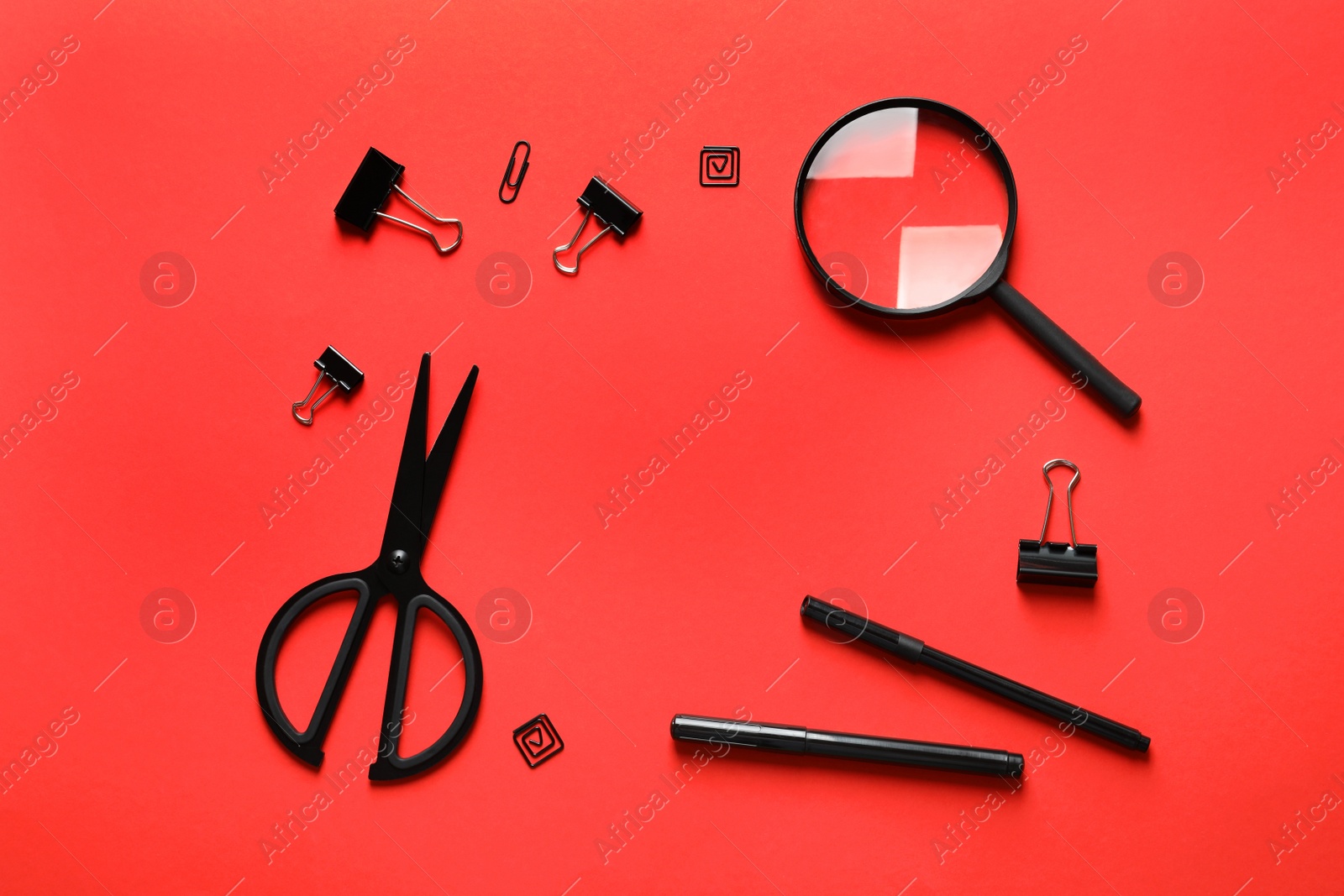 Photo of Flat lay composition with scissors on color background. Space for text