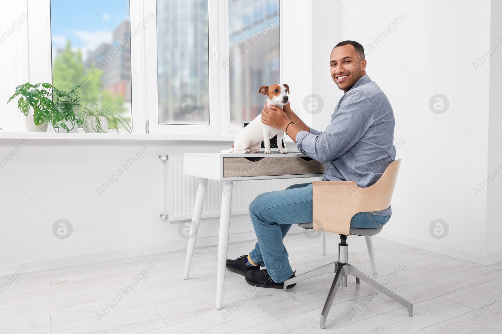 Photo of Young man with Jack Russell Terrier at desk in home office