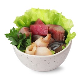 Photo of Delicious mackerel, tuna and squid served with lettuce and parsley isolated on white. Tasty sashimi dish