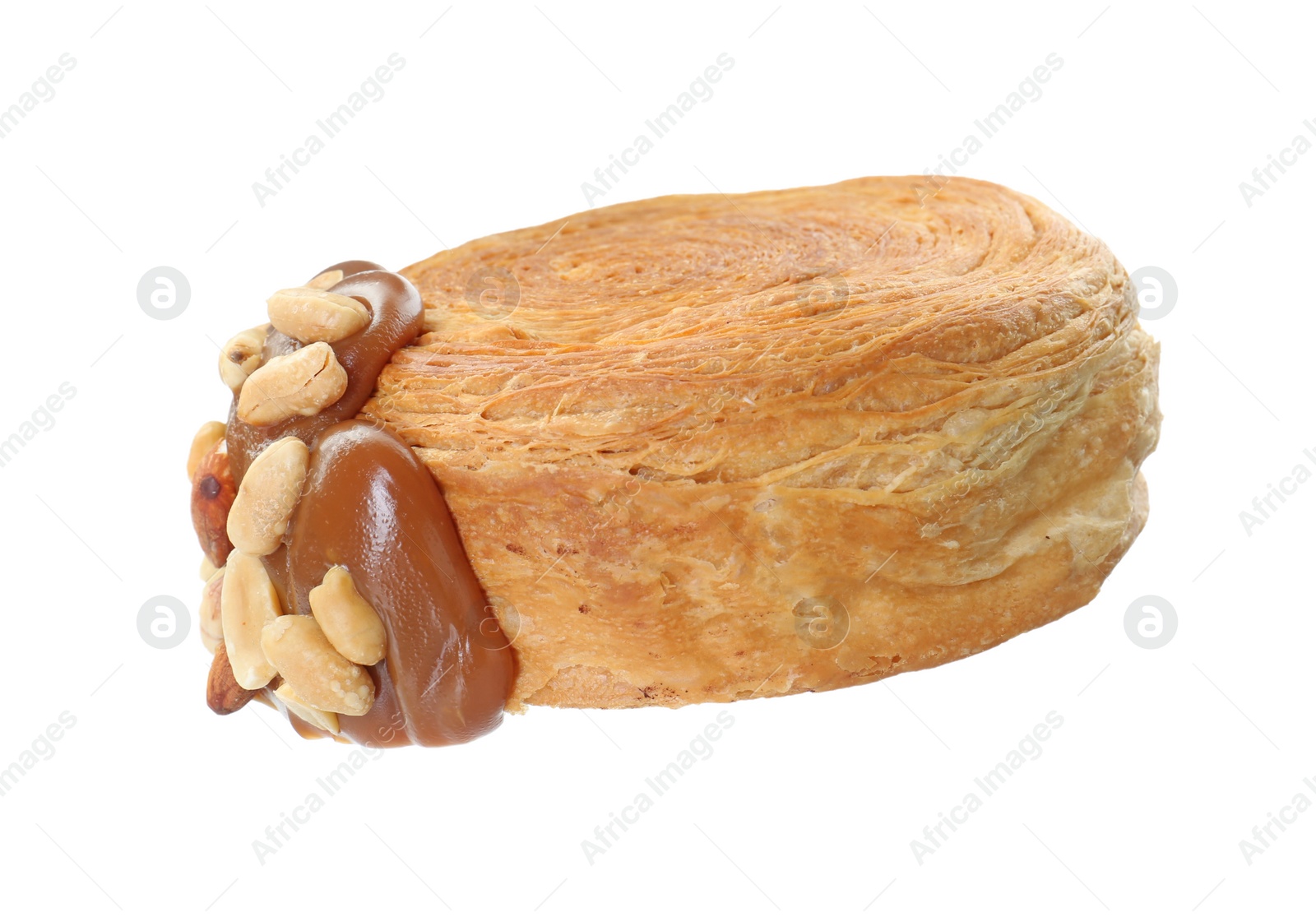 Photo of One supreme croissant with chocolate paste and nuts on white background. Tasty puff pastry