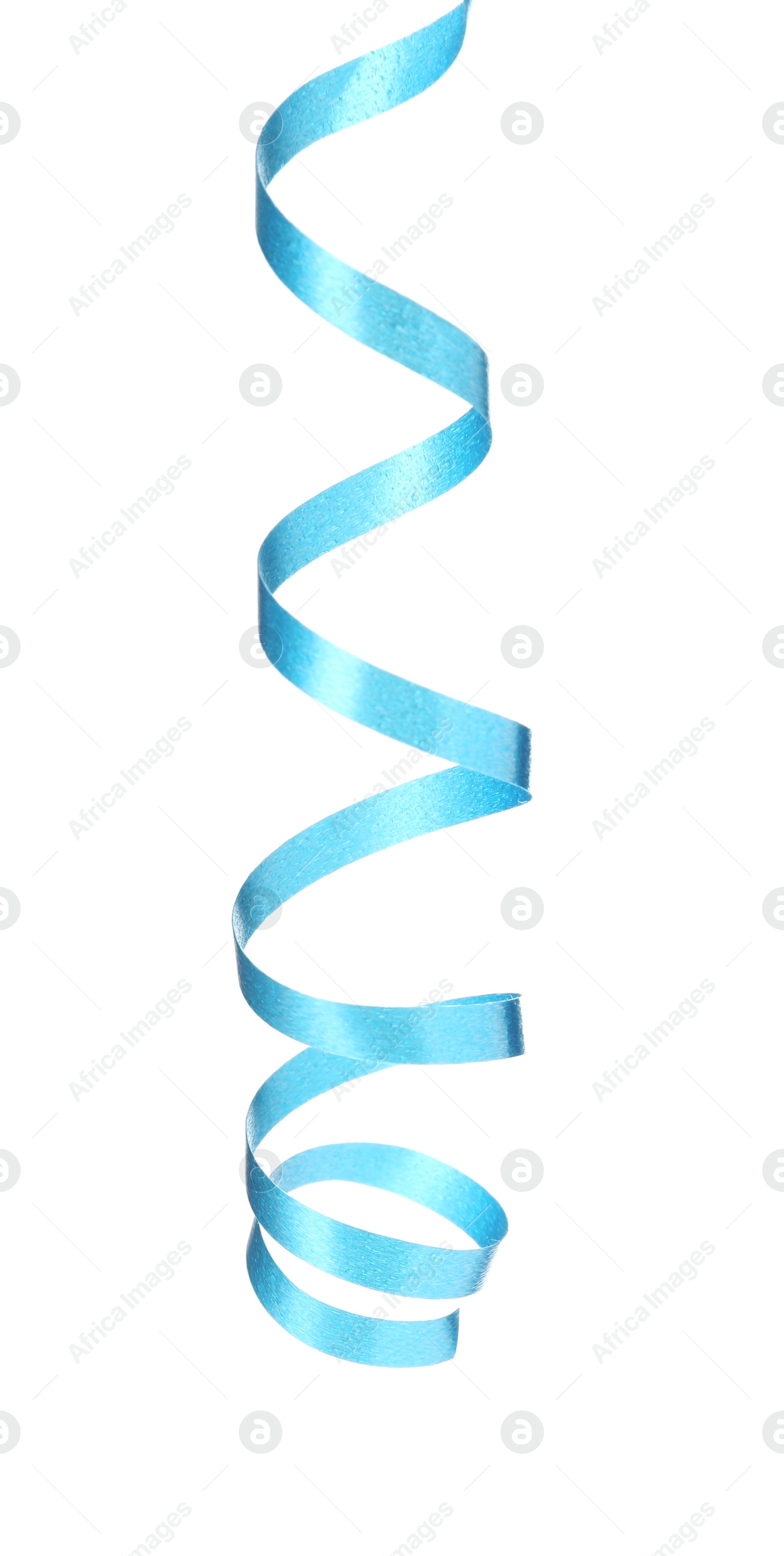 Photo of Shiny light blue serpentine streamer on white background