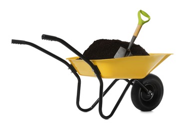 Photo of Wheelbarrow with soil and shovel isolated on white. Gardening tools