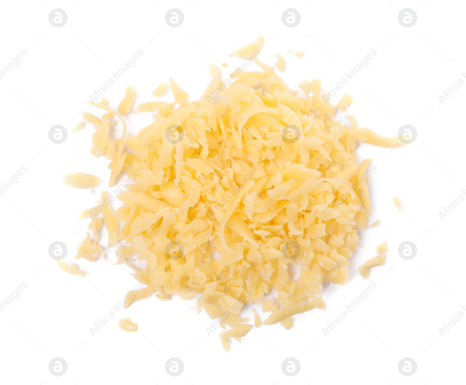 Photo of Pile of tasty grated cheese isolated on white, top view