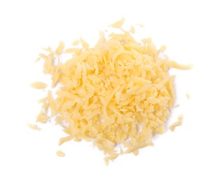 Pile of tasty grated cheese isolated on white, top view