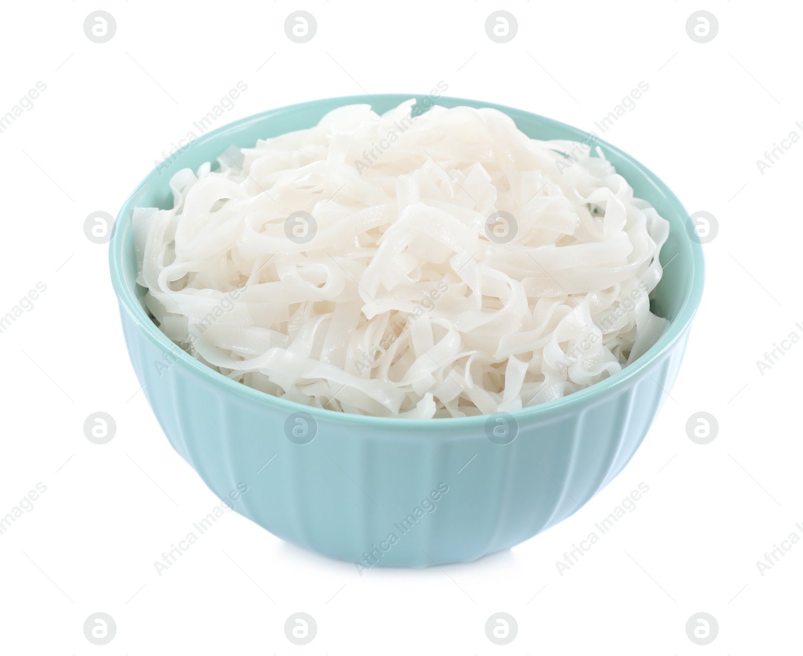 Photo of Bowl of tasty cooked rice noodles isolated on white