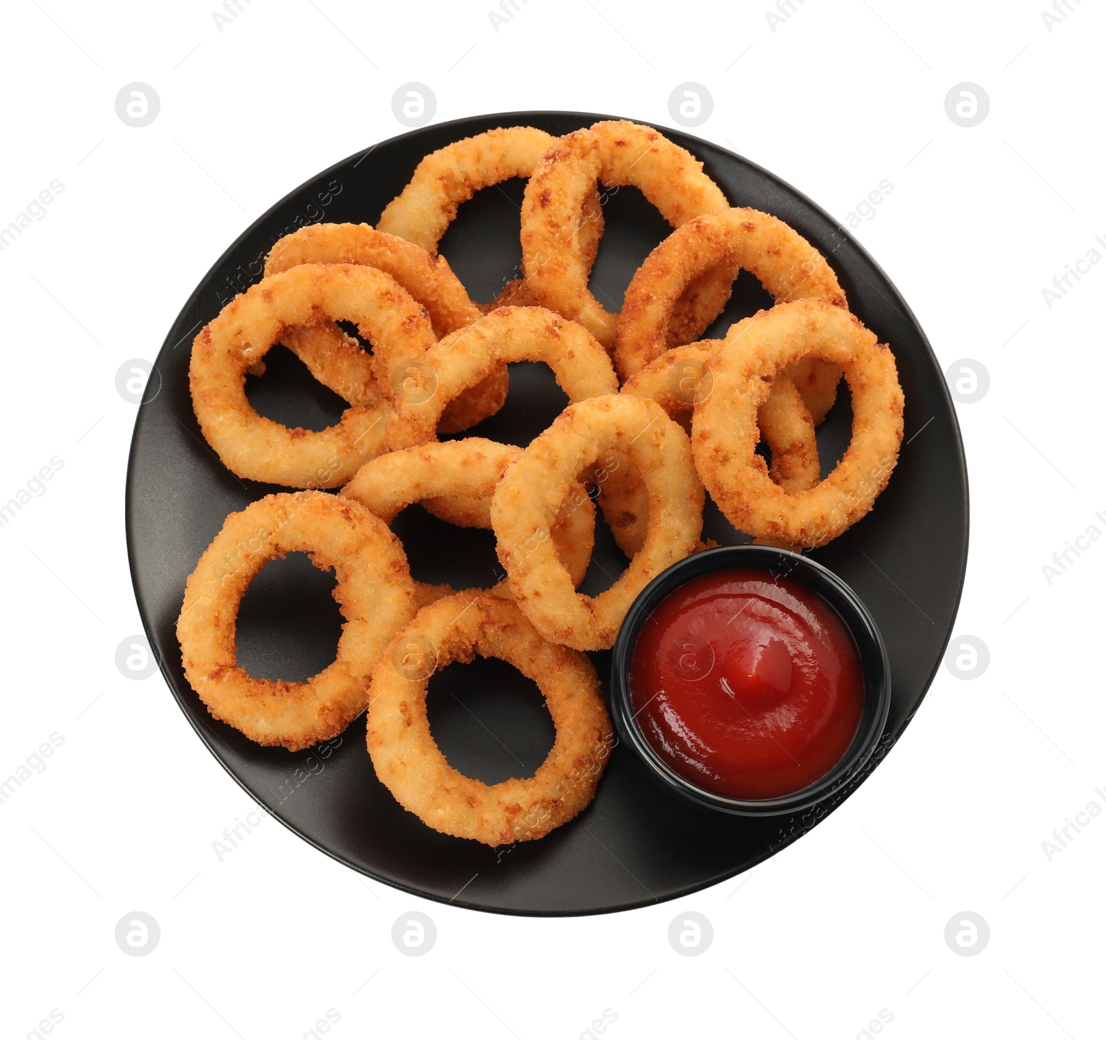 Photo of Tasty fried onion rings with ketchup isolated on white, top view