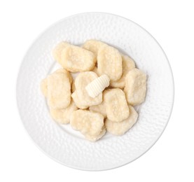 Plate of tasty lazy dumplings with butter isolated on white, top view