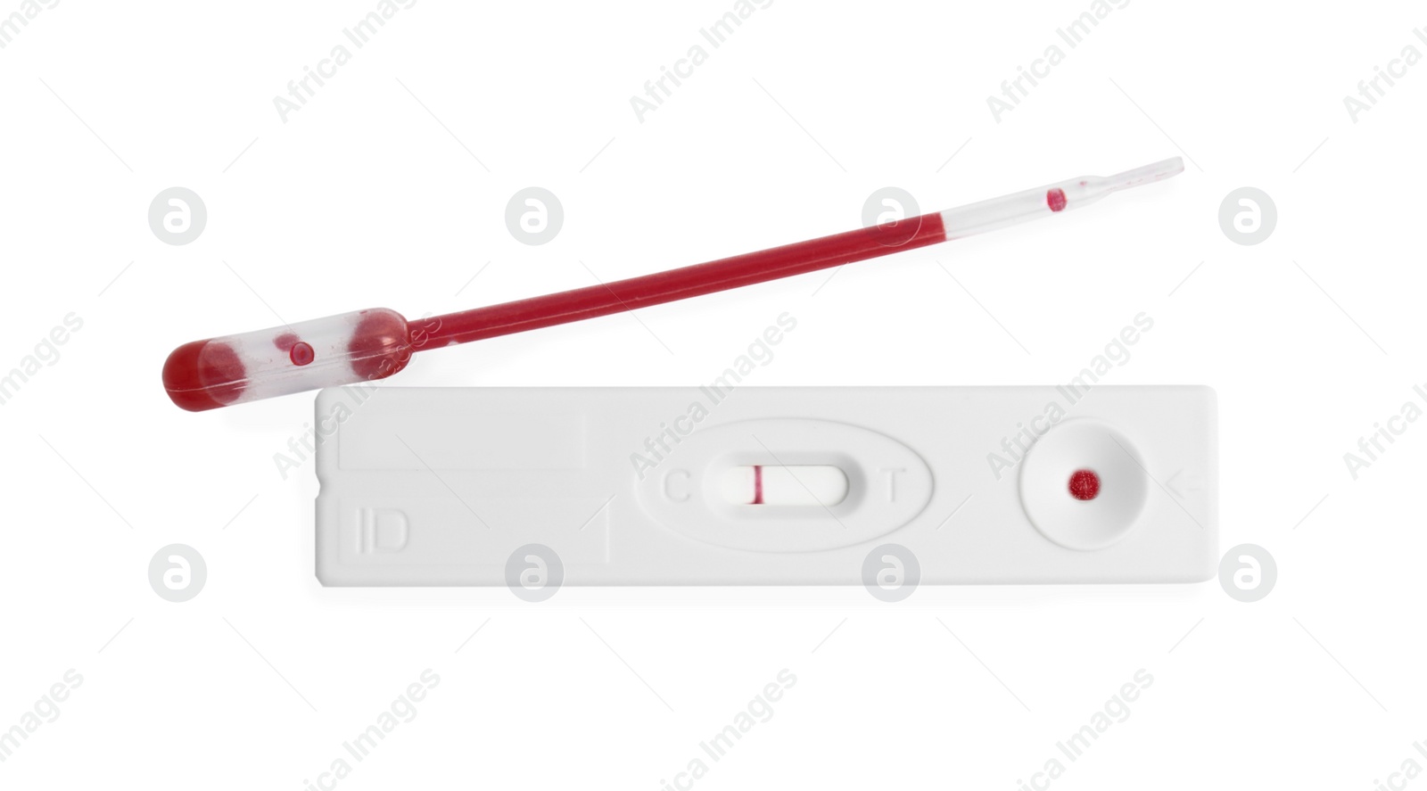 Photo of Disposable express test for hepatitis and pipette with blood on white background, top view