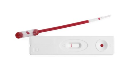 Photo of Disposable express test for hepatitis and pipette with blood on white background, top view