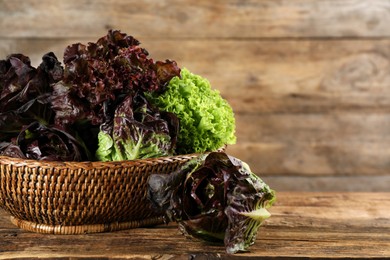 Photo of Different sorts of lettuce on wooden table. Space for text