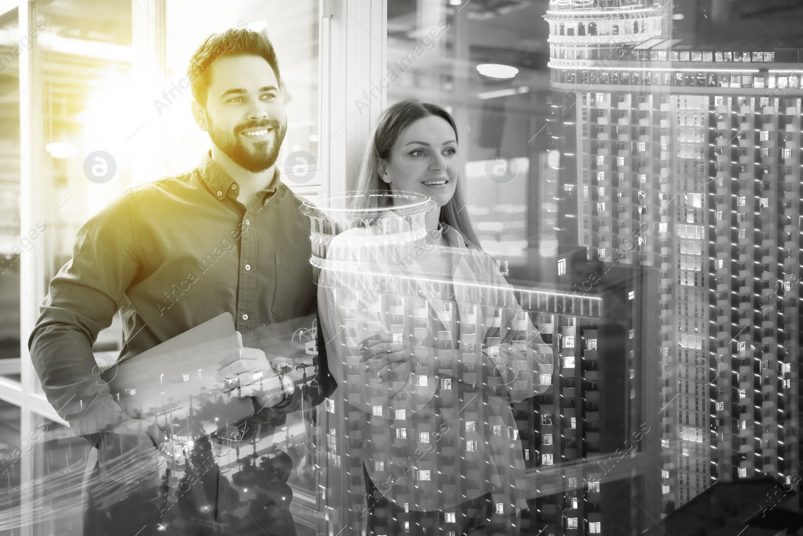 Image of Double exposure of business partners and cityscape