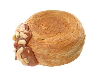 Photo of One supreme croissant with chocolate paste and nuts on white background. Tasty puff pastry
