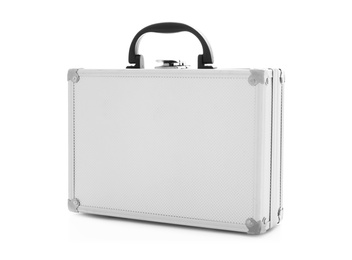 Photo of Stylish aluminum hard case isolated on white