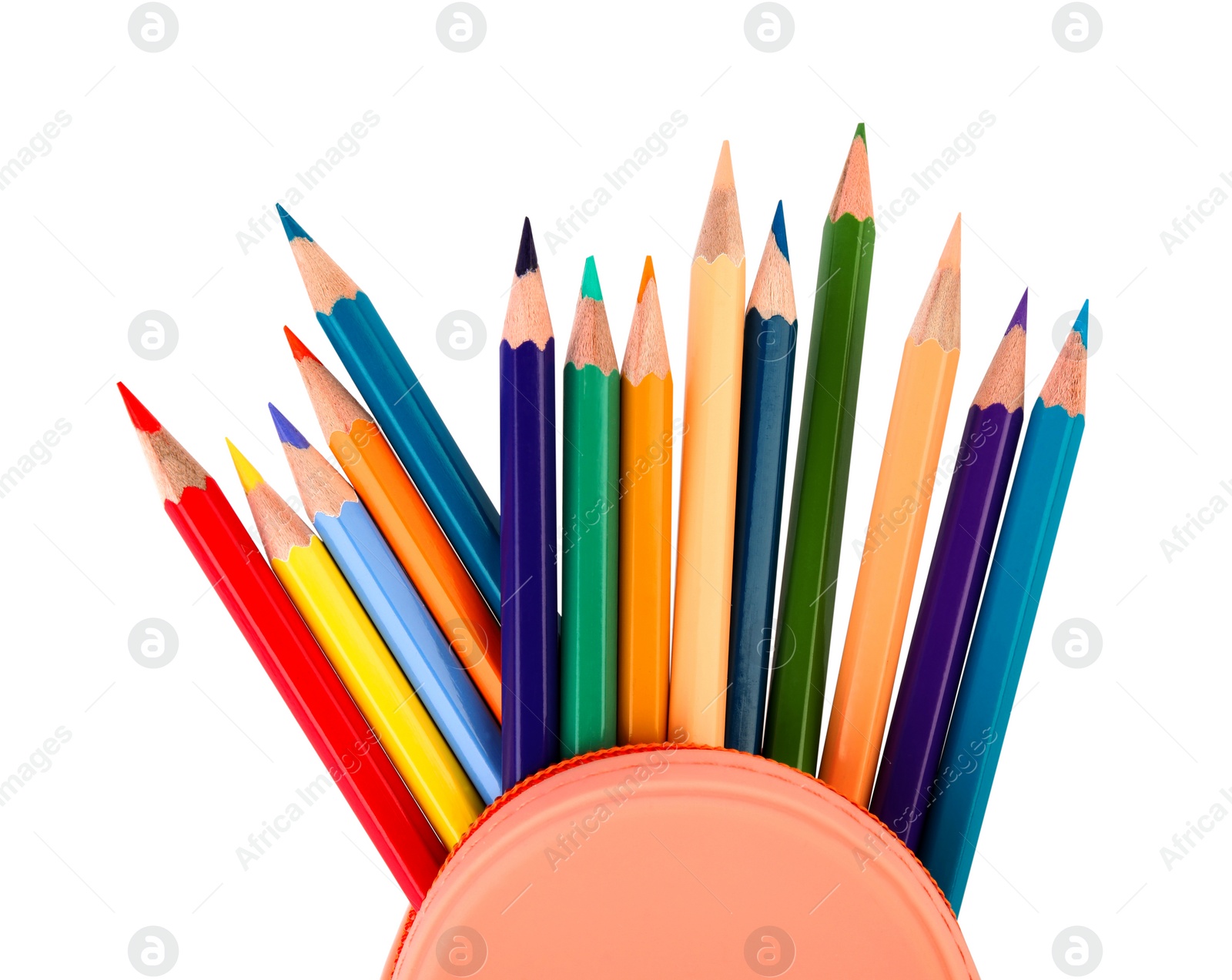 Photo of Case full of color pencils on white background, top view