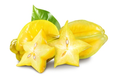 Delicious ripe carambola fruits on white background