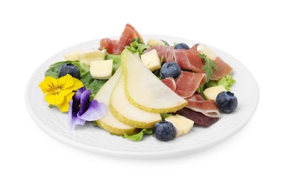 Photo of Tasty salad with brie cheese, prosciutto, blueberries and pear isolated on white