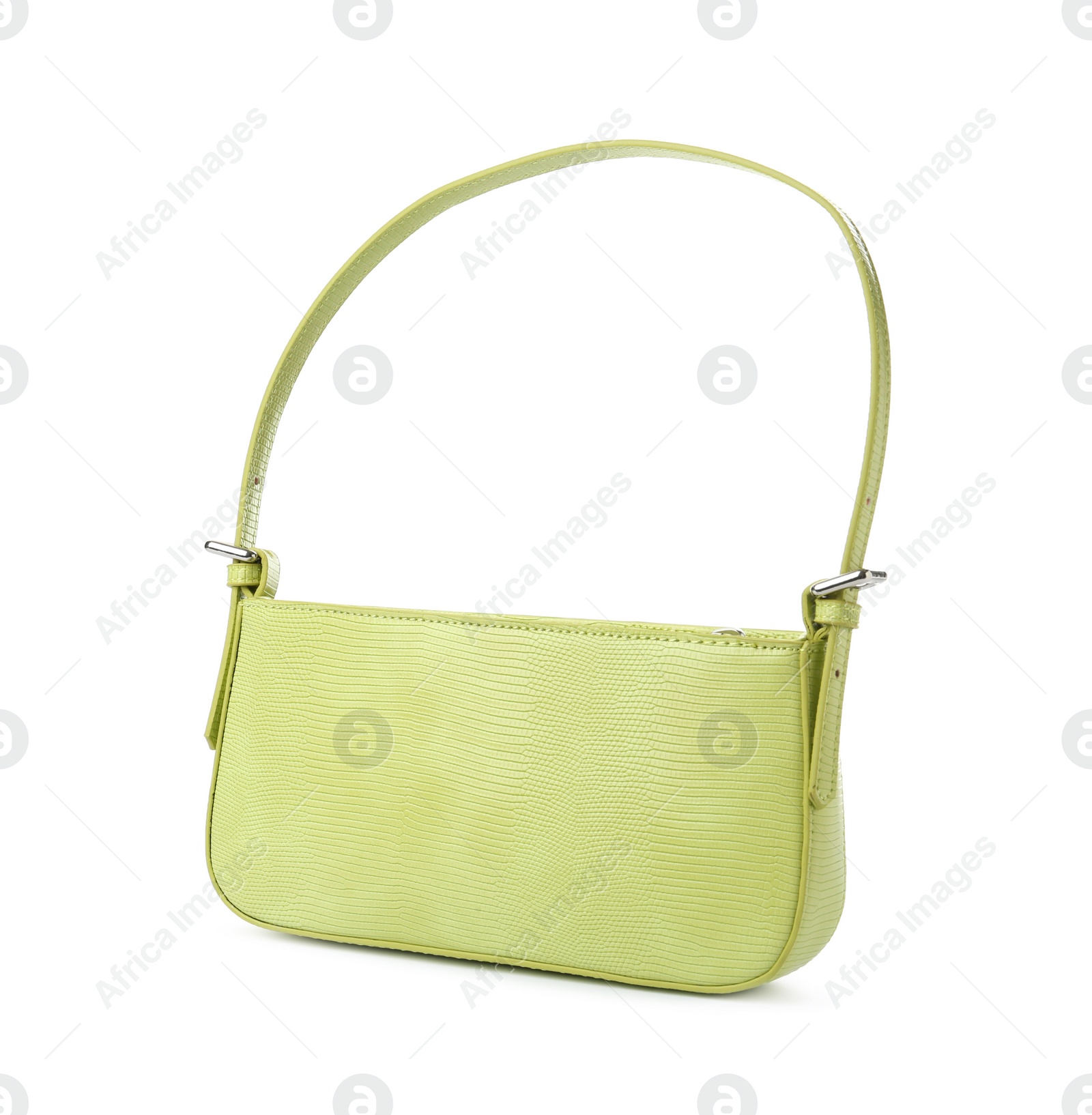 Photo of Stylish light green baguette bag isolated on white