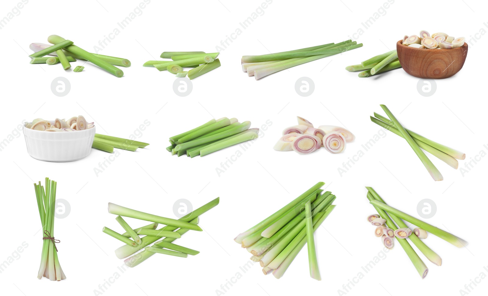 Image of Set with aromatic fresh lemongrass on white background 